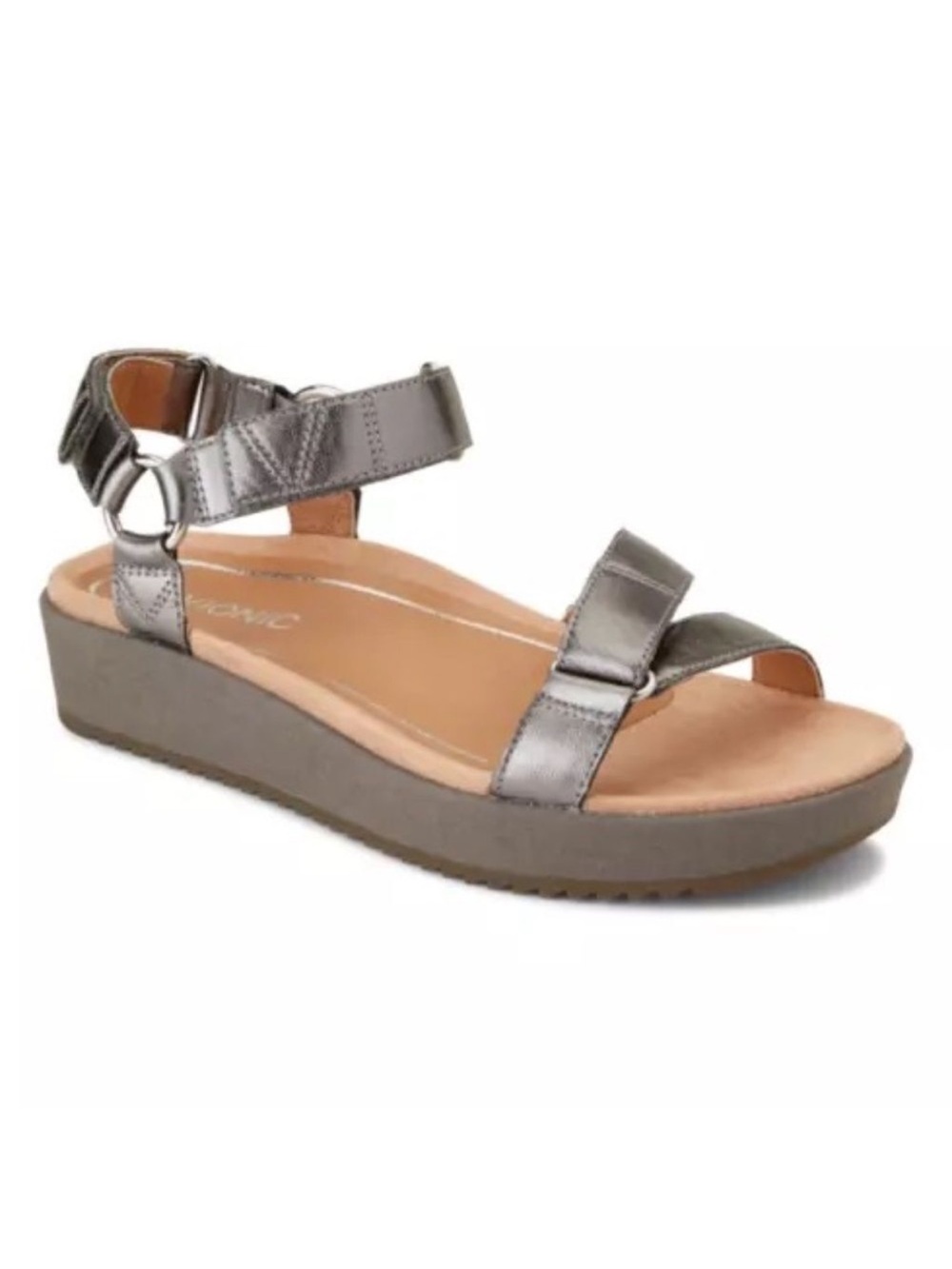 Vionic Kayan Mettallic Leather Strap Sandals Gray Size 8 Walking Travel Comfort